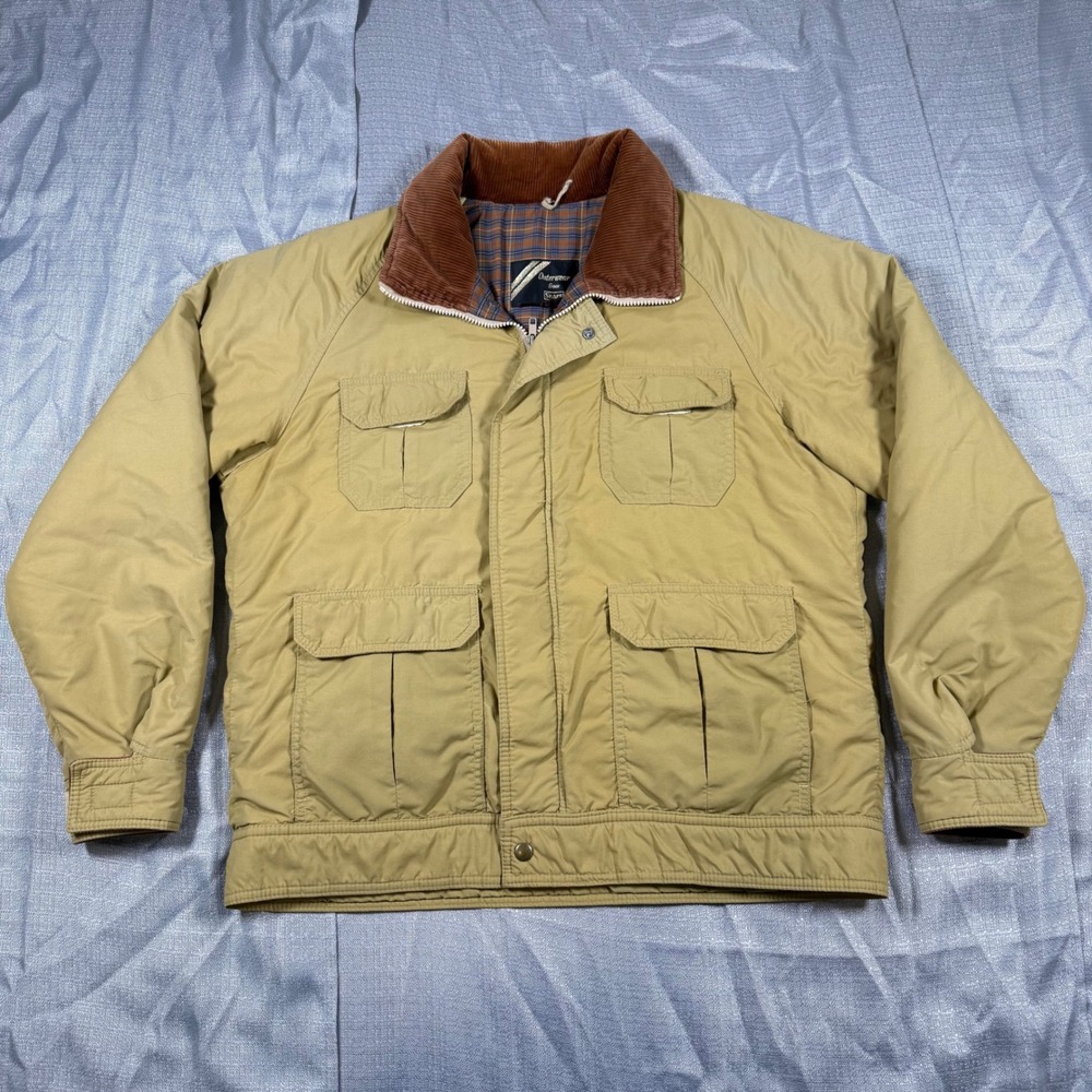 Sears Jacket Mens L Tan Thinsulate Field Coat Corduroy Collar Plaid Vintage